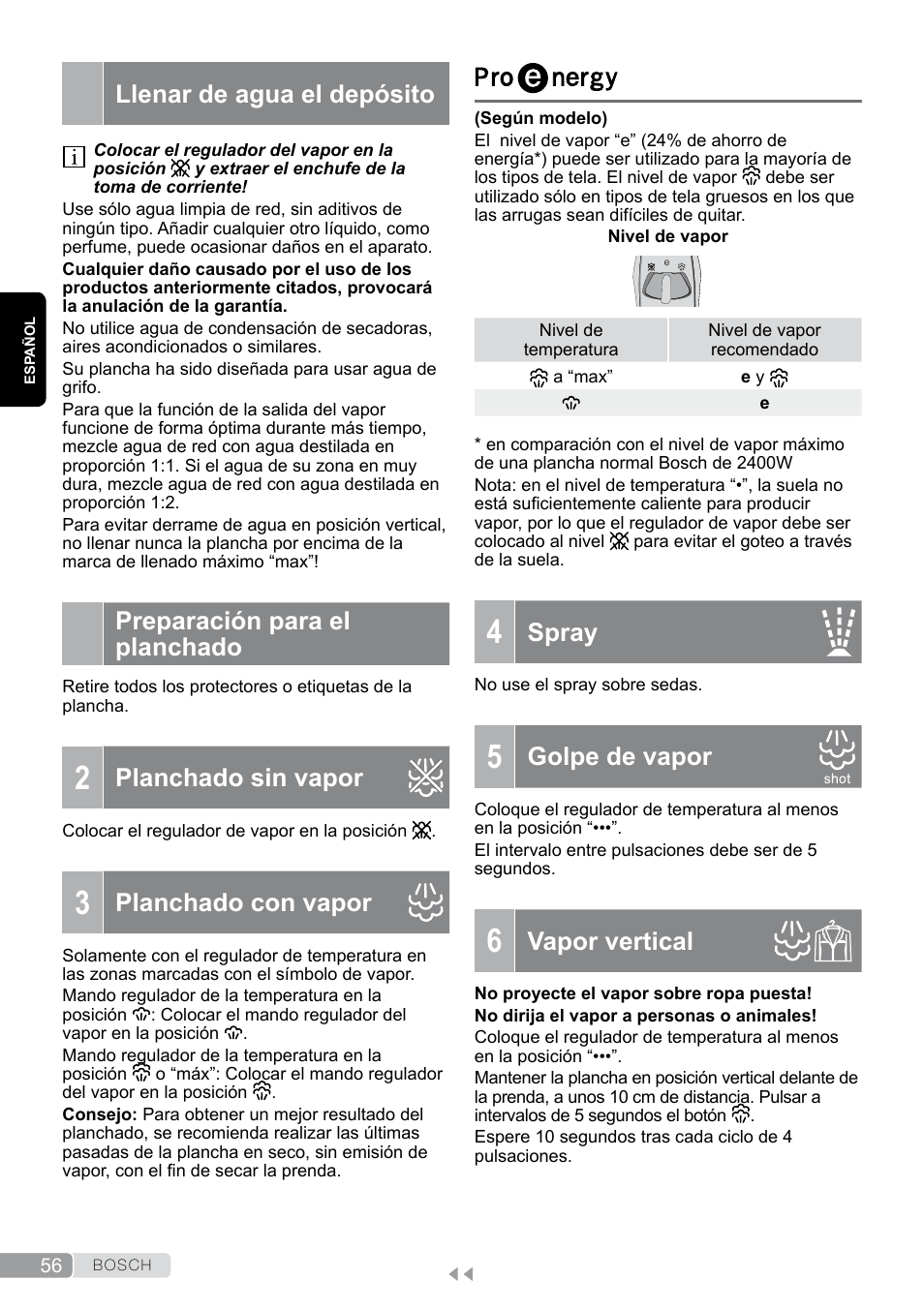 Llenar de agua el depósito, Preparación para el planchado, 2 planchado sin vapor | 3 planchado con vapor, Proenergy, 5 golpe de vapor, Planchado sin vapor, Planchado con vapor, Spray, Golpe de vapor | Bosch TDA7658 ferro da stiro ProEnergy SensorSecure 2400 W max. User Manual | Page 56 / 78