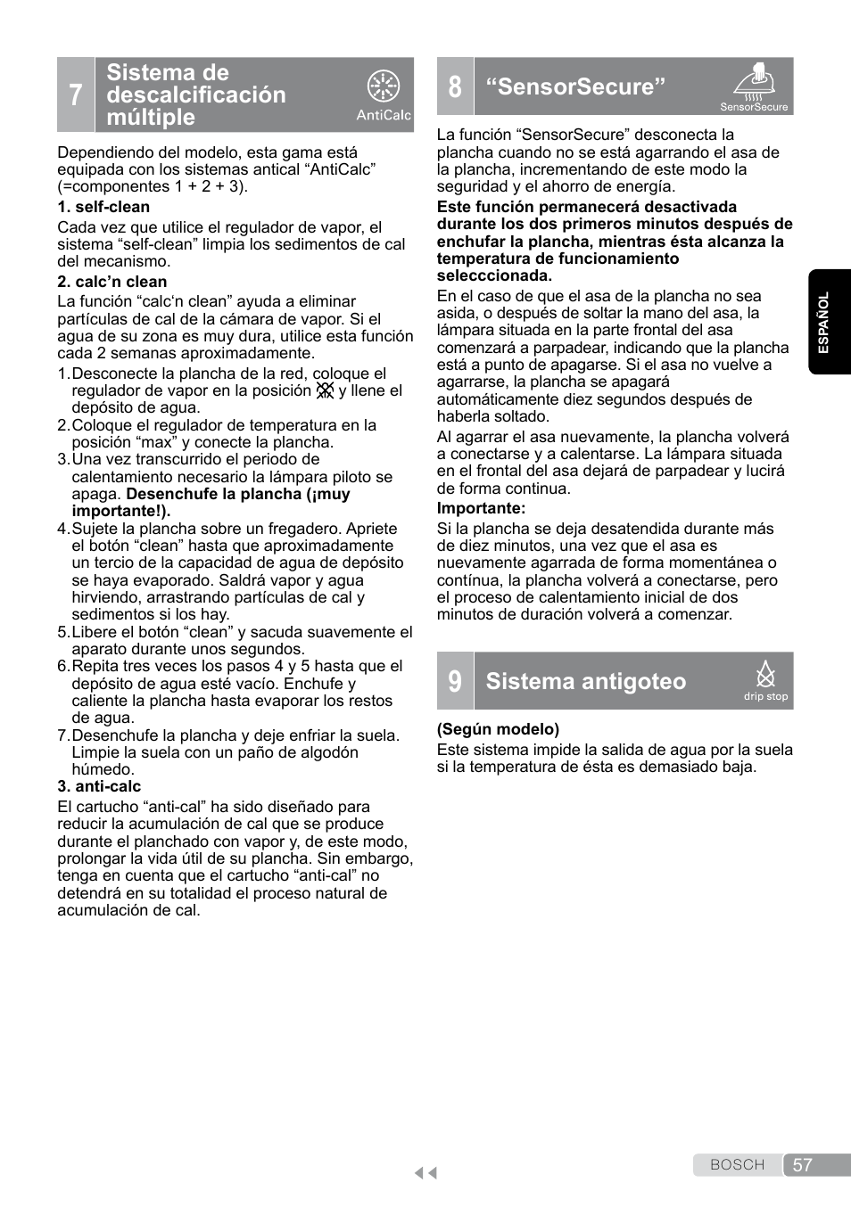 7 sistema de descalcificación múltiple, 9 sistema antigoteo, Sistema de descalcificación múltiple | Sensorsecure, Sistema antigoteo | Bosch TDA7658 ferro da stiro ProEnergy SensorSecure 2400 W max. User Manual | Page 57 / 78
