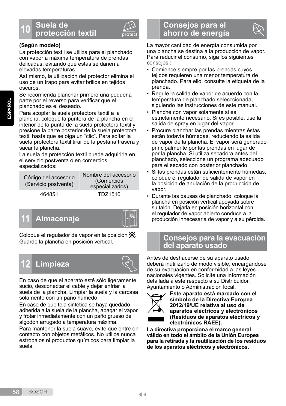 10 suela de protección textil, 11 almacenaje, 12 limpieza | Consejos para el ahorro de energía, Consejos para la evacuación del aparato usado, Suela de protección textil, Almacenaje, Limpieza | Bosch TDA7658 ferro da stiro ProEnergy SensorSecure 2400 W max. User Manual | Page 58 / 78