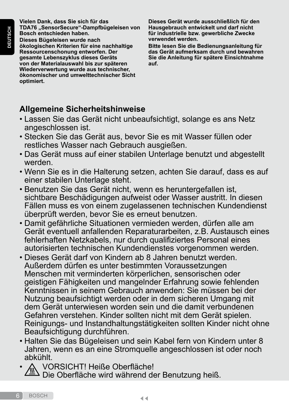 Deutsch, Allgemeine sicherheitshinweise | Bosch TDA7658 ferro da stiro ProEnergy SensorSecure 2400 W max. User Manual | Page 6 / 78