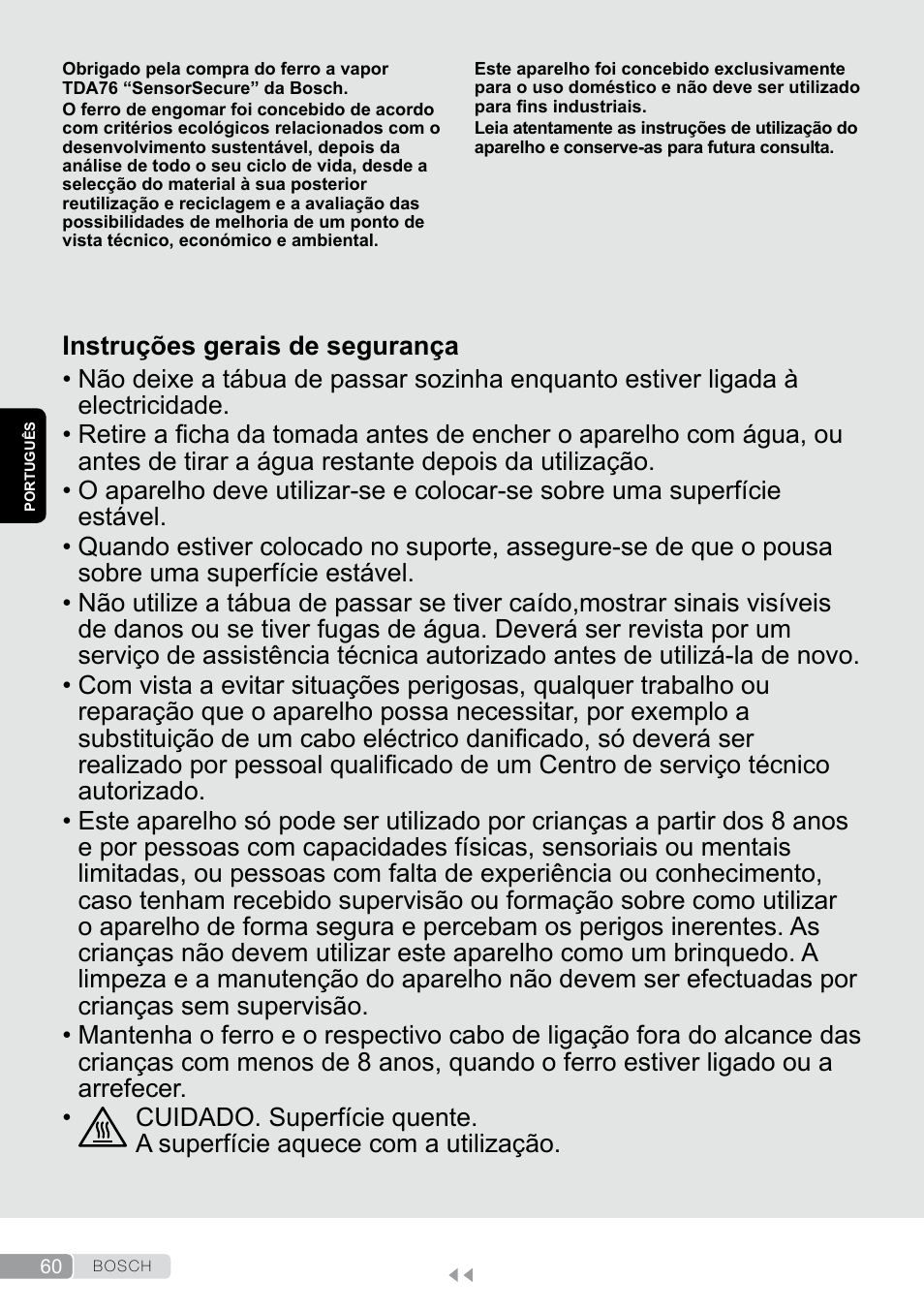 Português, Instruções gerais de segurança | Bosch TDA7658 ferro da stiro ProEnergy SensorSecure 2400 W max. User Manual | Page 60 / 78