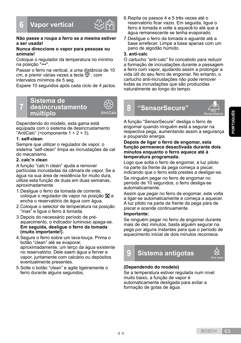 6 vapor vertical, 7 sistema de desincrustamento múltiplo, 9 sistema antigotas | Vapor vertical, Sistema de desincrustamento múltiplo, Sensorsecure, Sistema antigotas | Bosch TDA7658 ferro da stiro ProEnergy SensorSecure 2400 W max. User Manual | Page 63 / 78