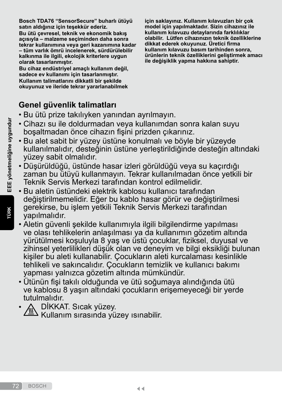 Türk, Genel güvenlik talimatları | Bosch TDA7658 ferro da stiro ProEnergy SensorSecure 2400 W max. User Manual | Page 72 / 78