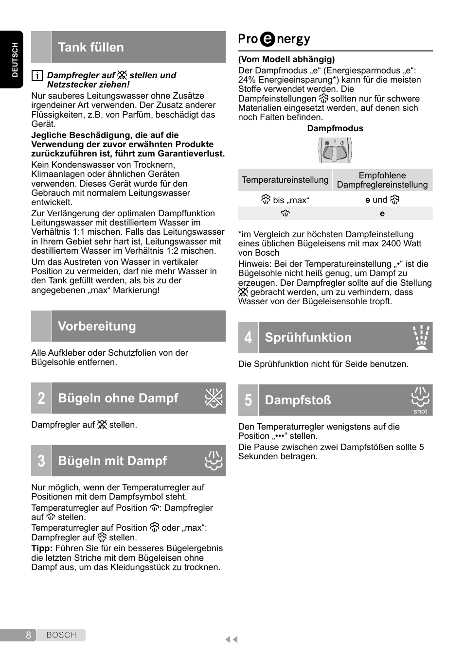 Tank füllen, Vorbereitung, 2 bügeln ohne dampf | 3 bügeln mit dampf, Proenergy, 4 sprühfunktion, 5 dampfstoß, Bügeln ohne dampf, Bügeln mit dampf, Sprühfunktion | Bosch TDA7658 ferro da stiro ProEnergy SensorSecure 2400 W max. User Manual | Page 8 / 78