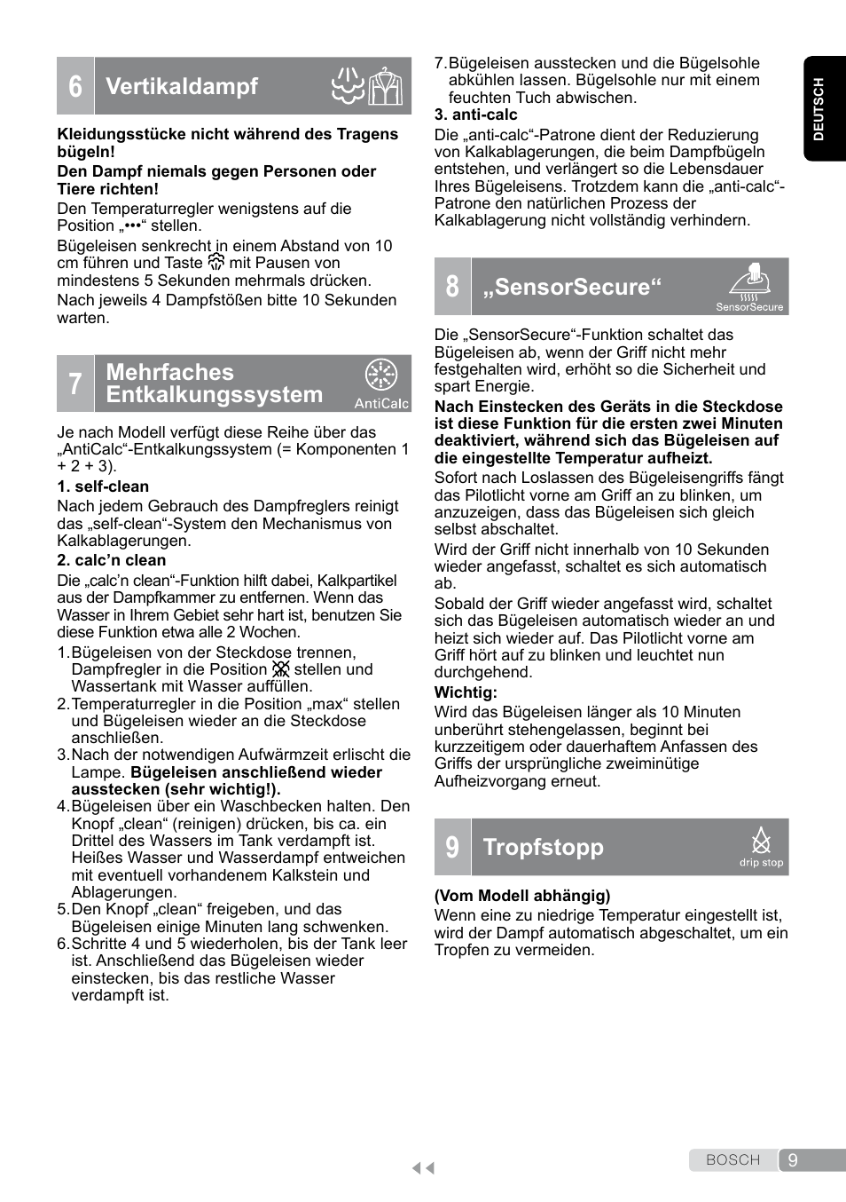6 vertikaldampf, 7 mehrfaches entkalkungssystem, 8 „sensorsecure | 9 tropfstopp, Vertikaldampf, Mehrfaches entkalkungssystem, Sensorsecure, Tropfstopp | Bosch TDA7658 ferro da stiro ProEnergy SensorSecure 2400 W max. User Manual | Page 9 / 78