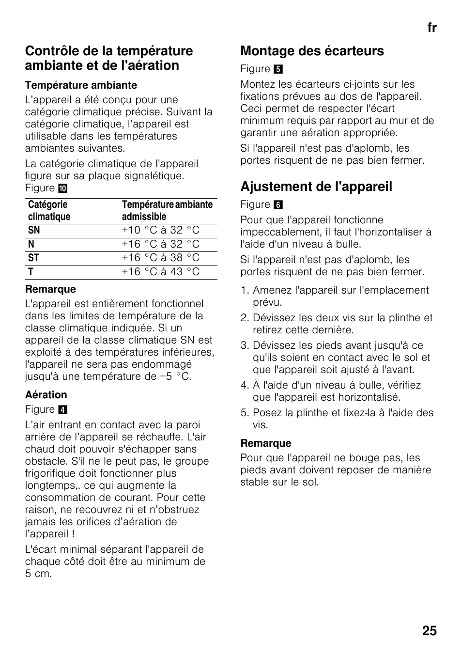 Température ambiante, Aération, Montage des écarteurs | Ajustement de l'appareil | Bosch KDN64VL20N Frigo-congelatore da libero posizionamento Inox look User Manual | Page 25 / 93