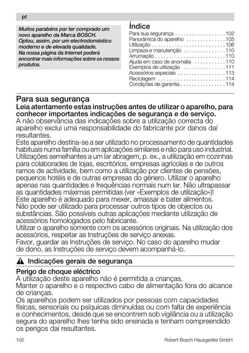 Para sua segurança, Índice | Bosch MUM56S40 User Manual | Page 102 / 173