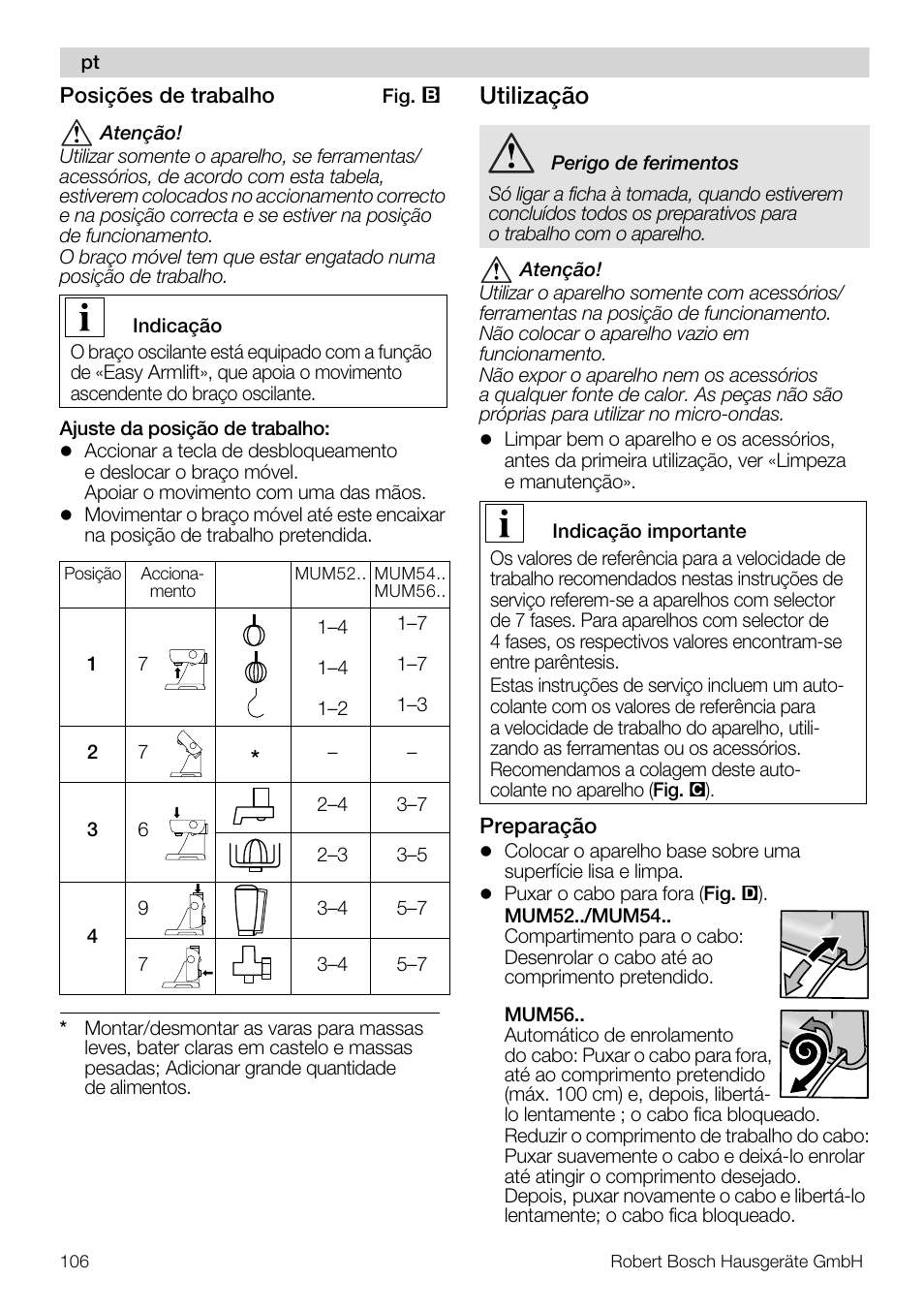 Utilização | Bosch MUM56S40 User Manual | Page 106 / 173