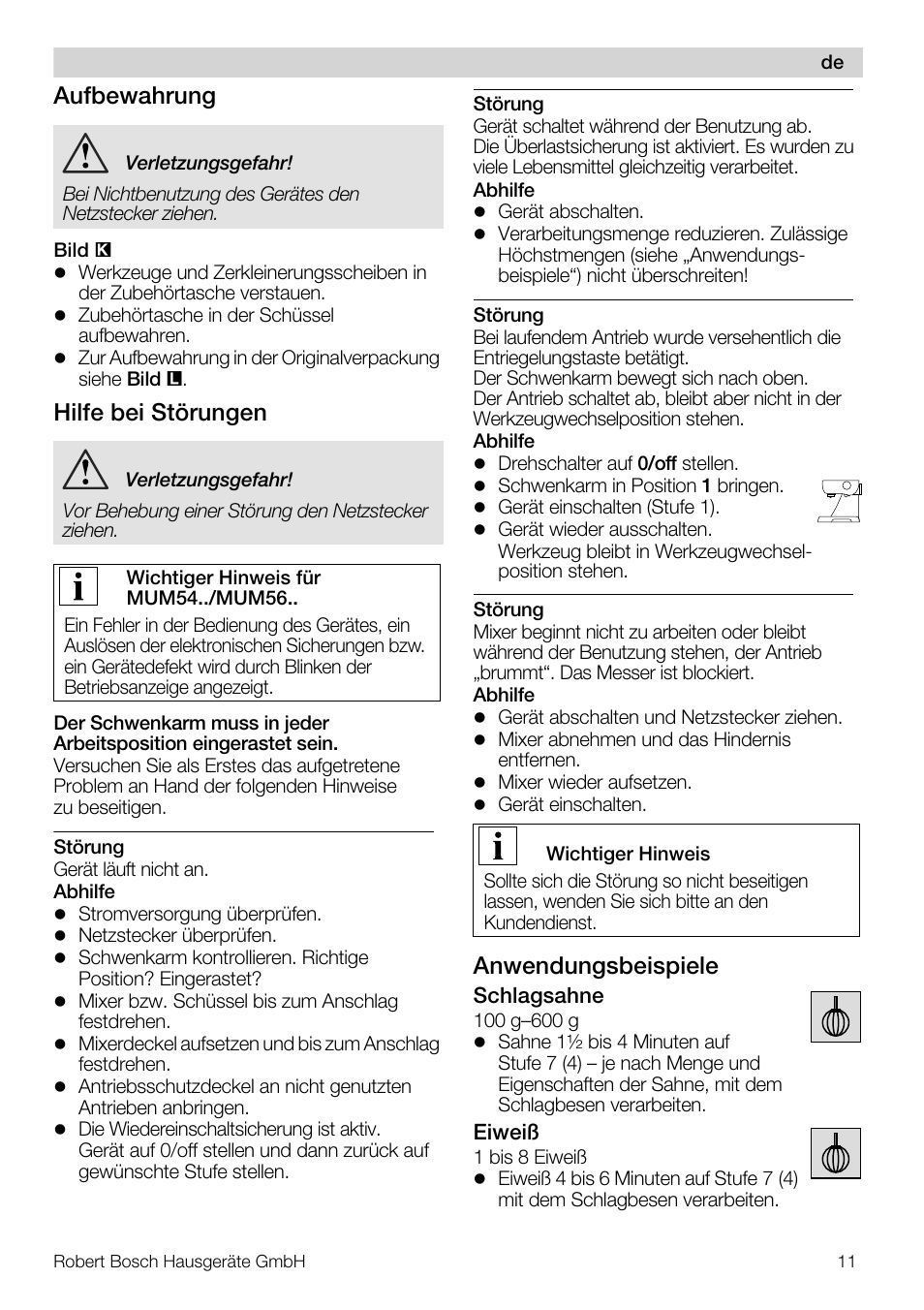 Aufbewahrung, Hilfe bei störungen, Anwendungsbeispiele | Bosch MUM56S40 User Manual | Page 11 / 173