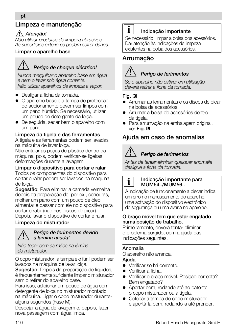Limpeza e manutenção, Arrumação, Ajuda em caso de anomalias | Bosch MUM56S40 User Manual | Page 110 / 173