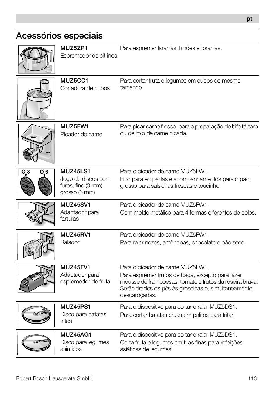 Acessórios especiais | Bosch MUM56S40 User Manual | Page 113 / 173