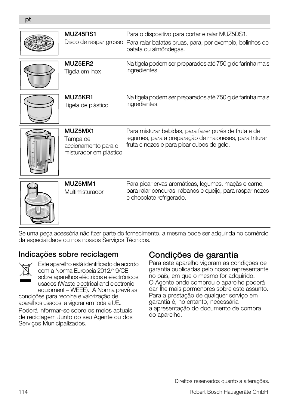 Condições de garantia, Indicações sobre reciclagem | Bosch MUM56S40 User Manual | Page 114 / 173