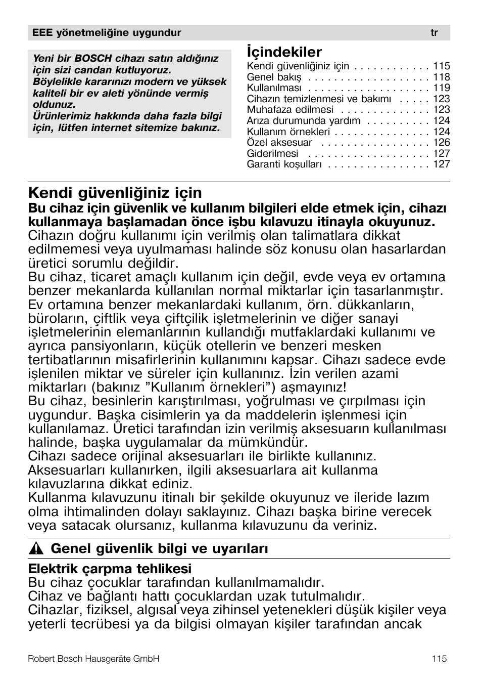 Kendi güvenliðiniz için, Ýçindekiler | Bosch MUM56S40 User Manual | Page 115 / 173