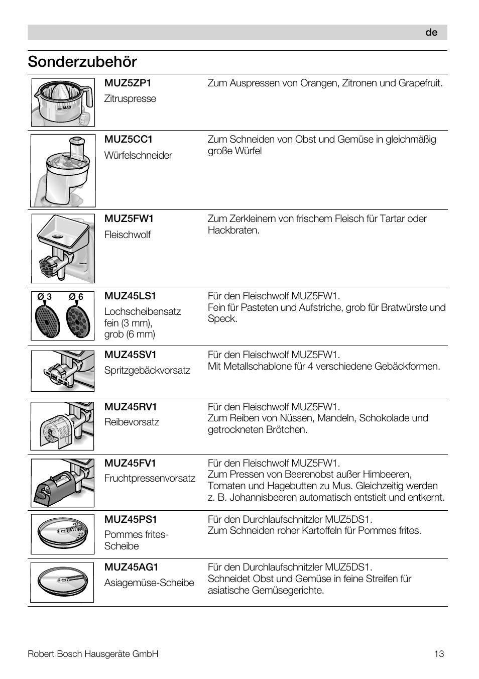 Sonderzubehör | Bosch MUM56S40 User Manual | Page 13 / 173