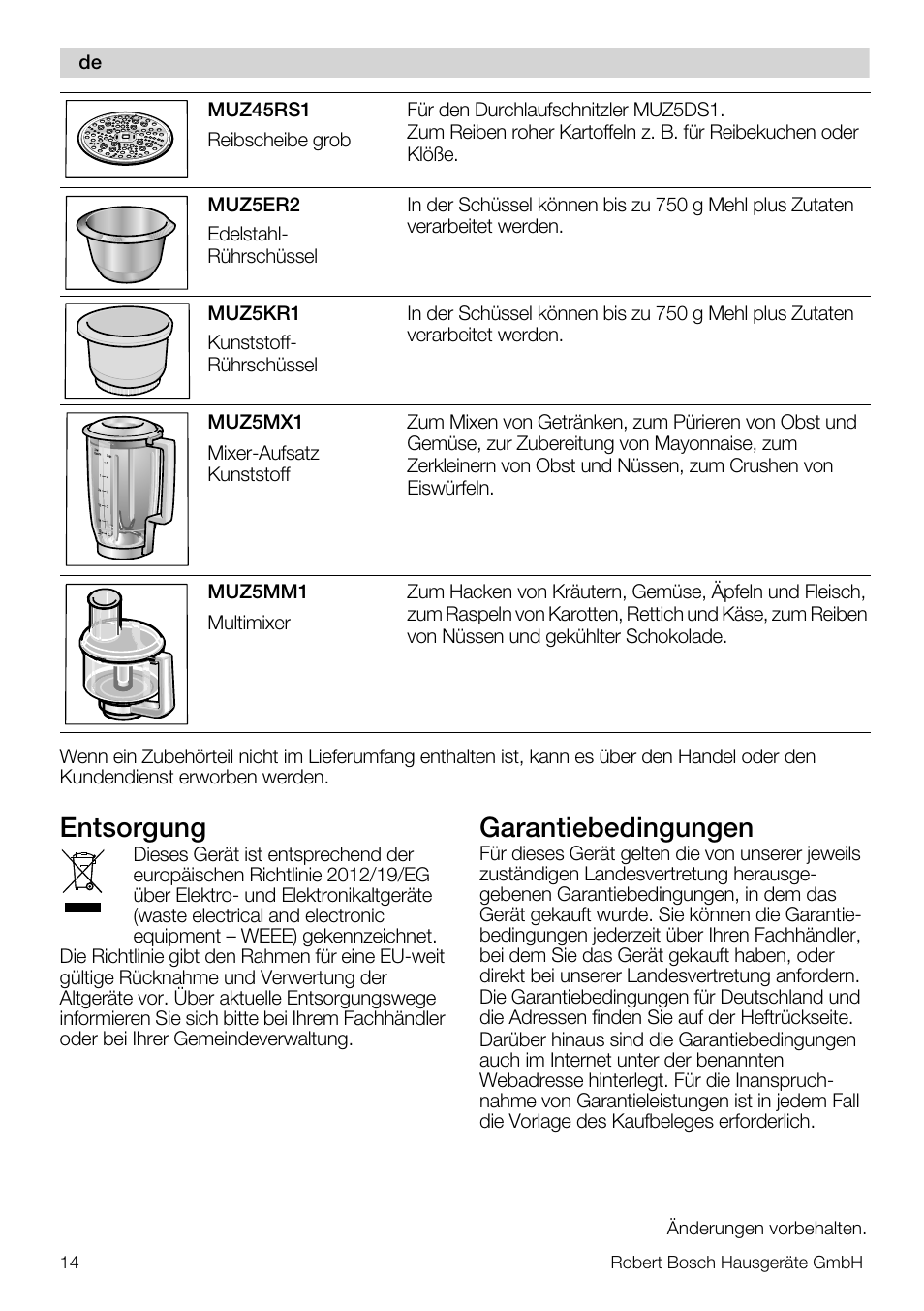 Entsorgung, Garantiebedingungen | Bosch MUM56S40 User Manual | Page 14 / 173