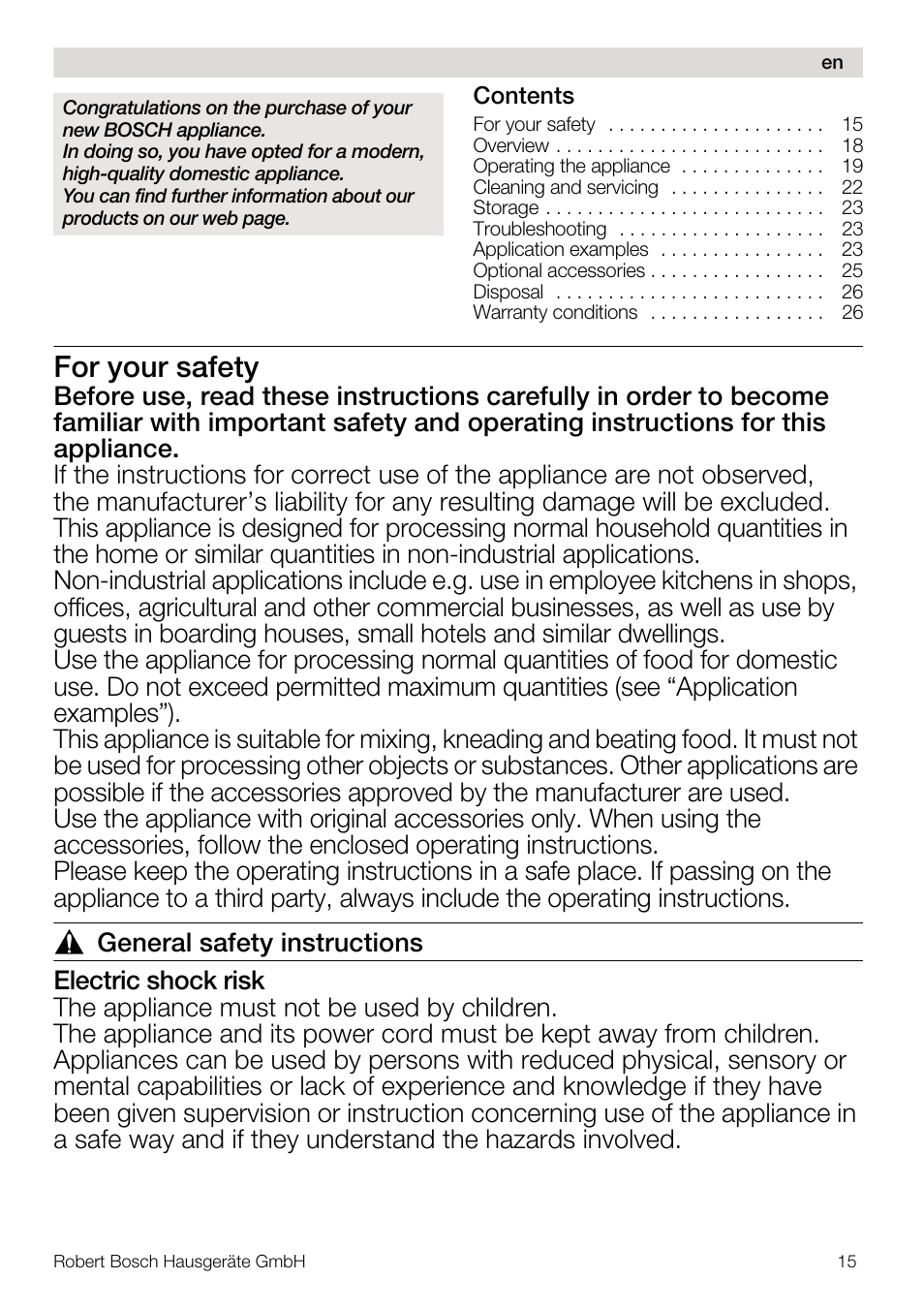 For your safety | Bosch MUM56S40 User Manual | Page 15 / 173