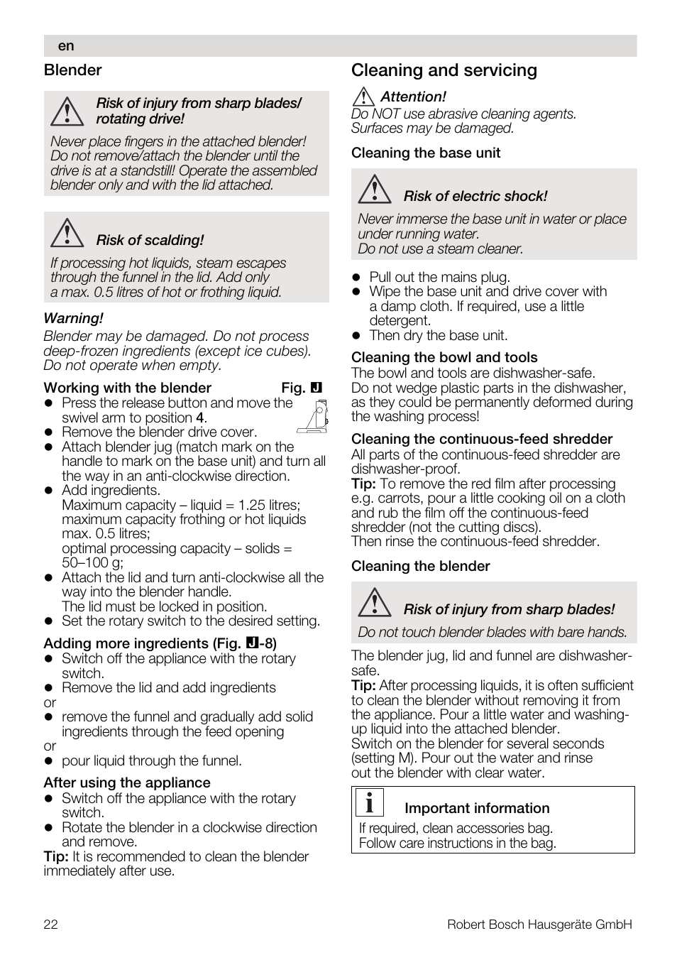 Cleaning and servicing | Bosch MUM56S40 User Manual | Page 22 / 173