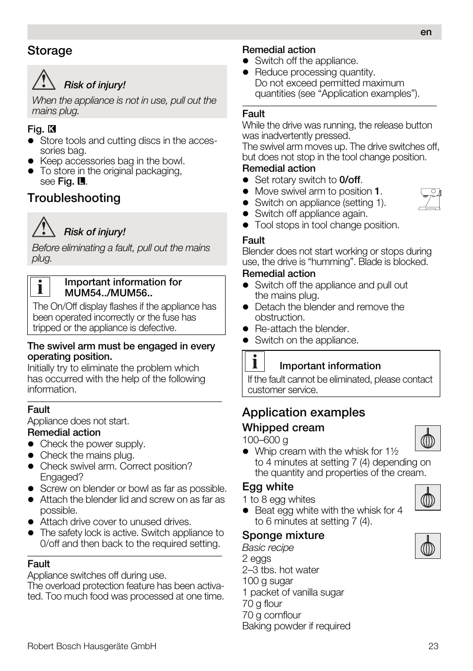 Storage, Troubleshooting, Application examples | Bosch MUM56S40 User Manual | Page 23 / 173