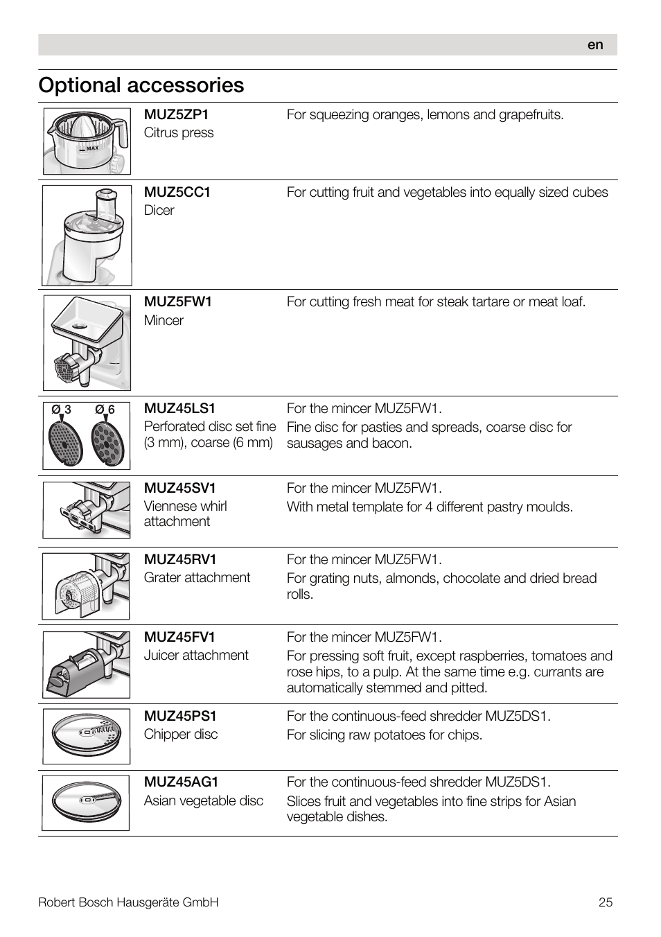 Optional accessories | Bosch MUM56S40 User Manual | Page 25 / 173