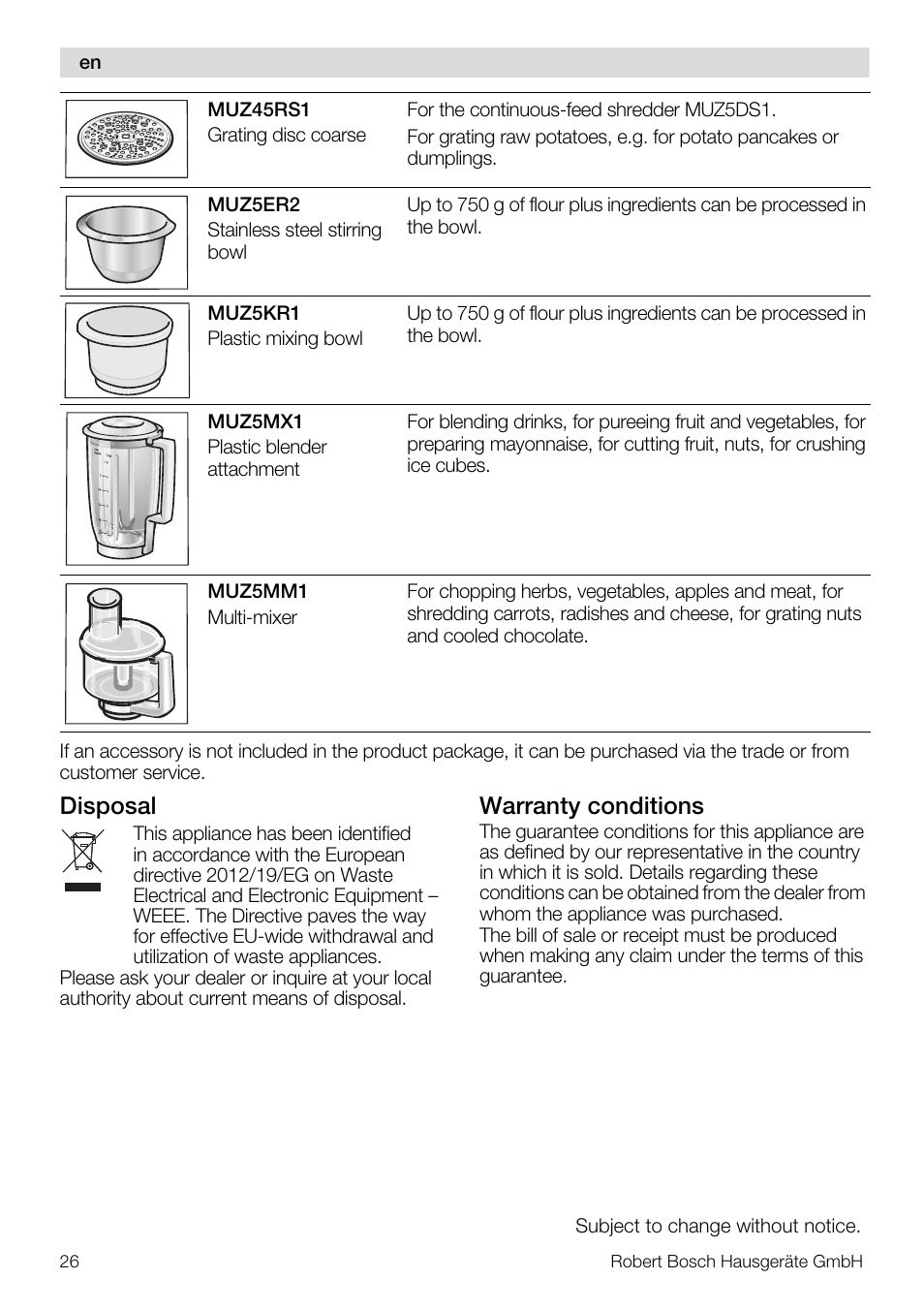 Disposal, Warranty conditions | Bosch MUM56S40 User Manual | Page 26 / 173