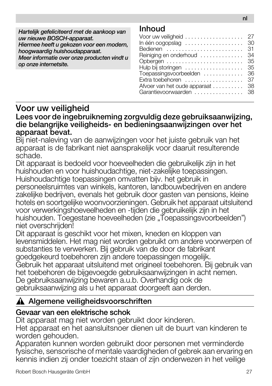 Voor uw veiligheid, Inhoud | Bosch MUM56S40 User Manual | Page 27 / 173