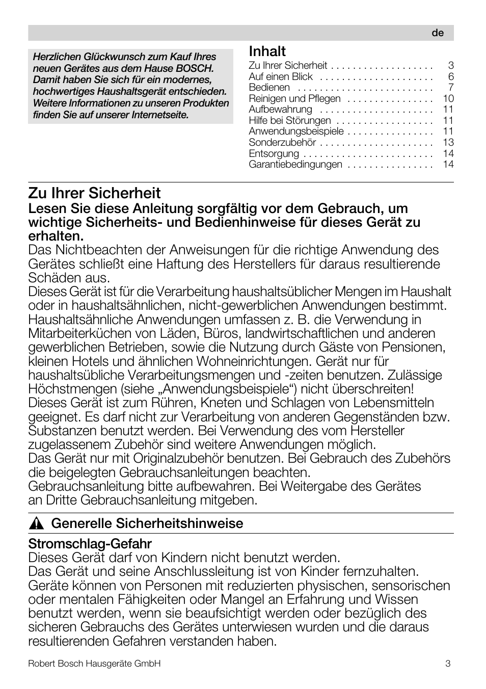 Zu ihrer sicherheit, Inhalt | Bosch MUM56S40 User Manual | Page 3 / 173