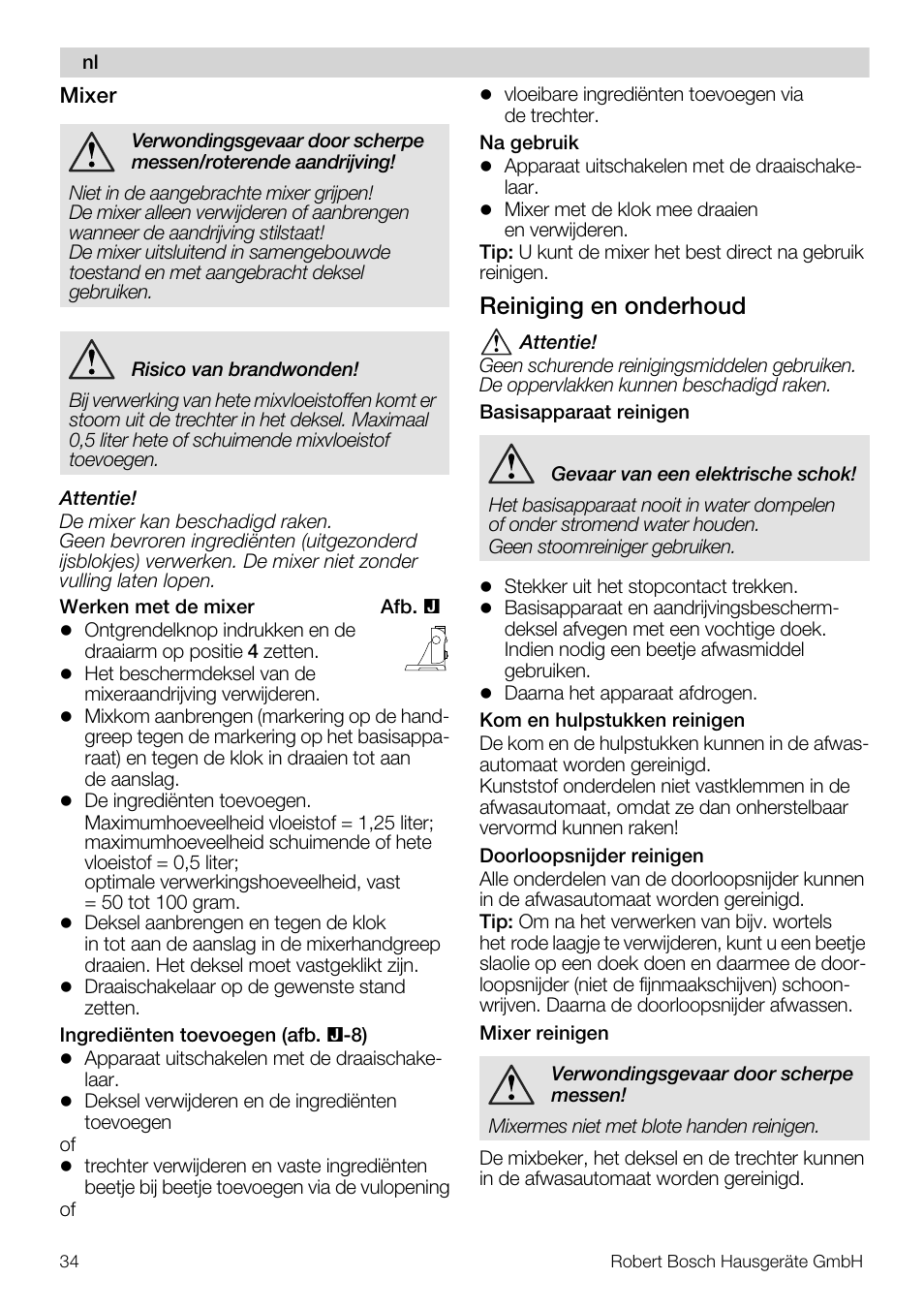 Reiniging en onderhoud | Bosch MUM56S40 User Manual | Page 34 / 173