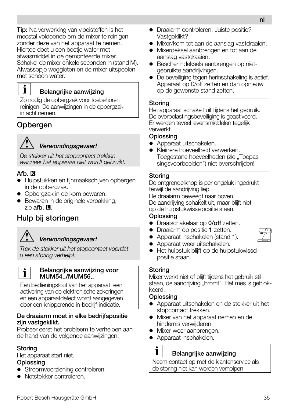 Opbergen, Hulp bij storingen | Bosch MUM56S40 User Manual | Page 35 / 173