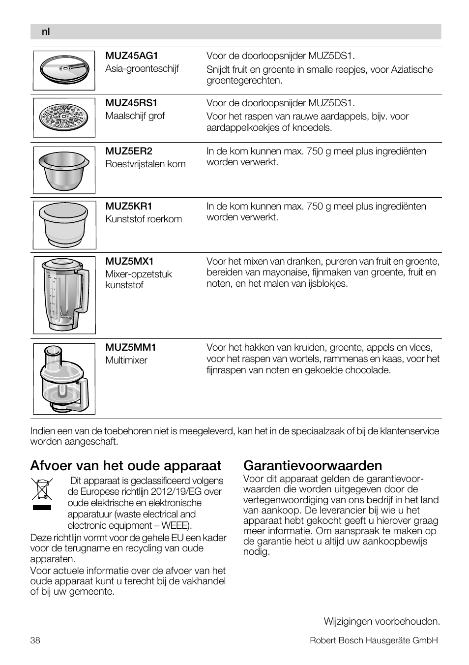 Afvoer van het oude apparaat, Garantievoorwaarden | Bosch MUM56S40 User Manual | Page 38 / 173