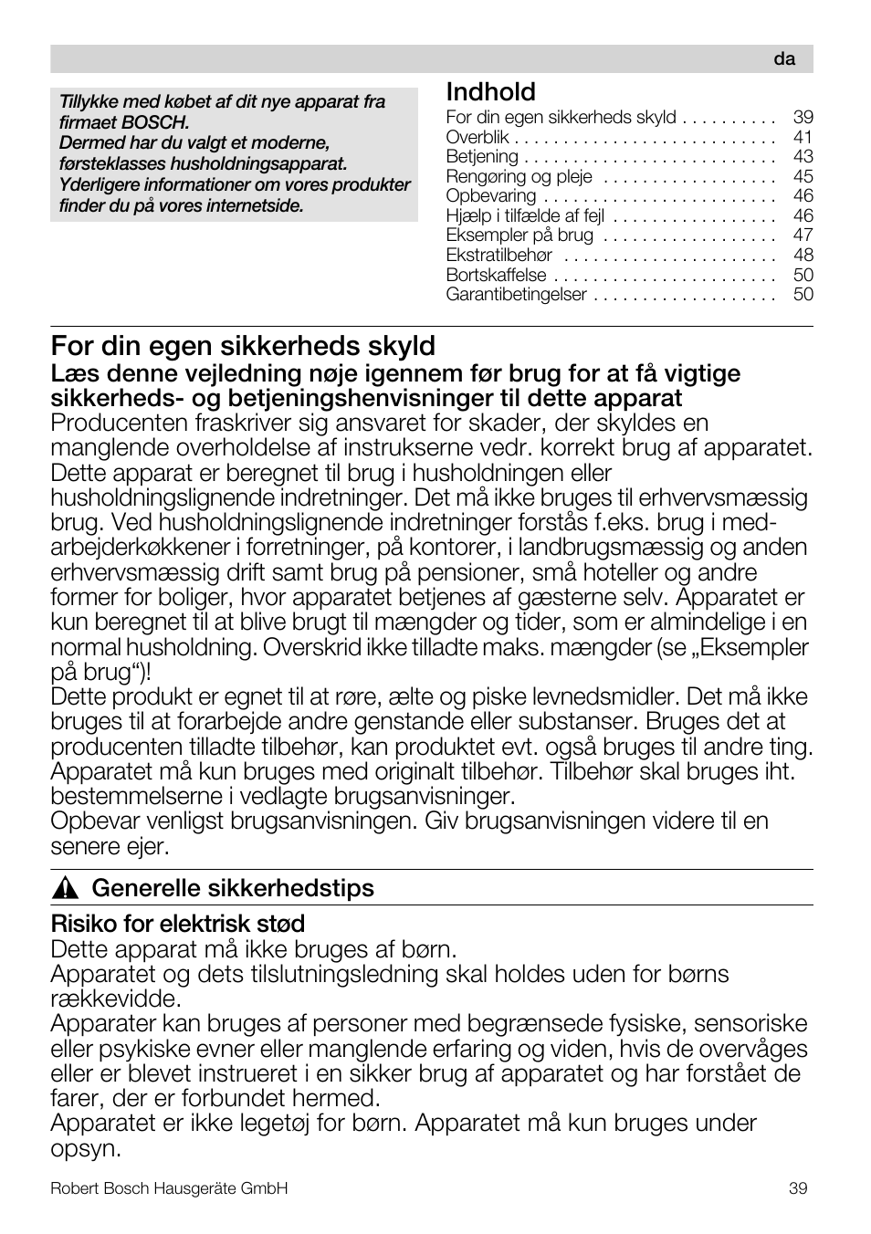 For din egen sikkerheds skyld, Indhold | Bosch MUM56S40 User Manual | Page 39 / 173