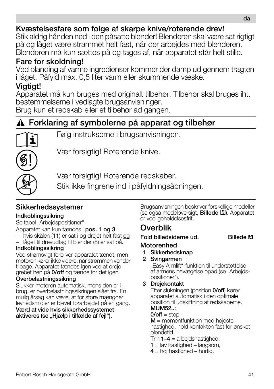 Forklaring af symbolerne på apparat og tilbehør, Overblik | Bosch MUM56S40 User Manual | Page 41 / 173