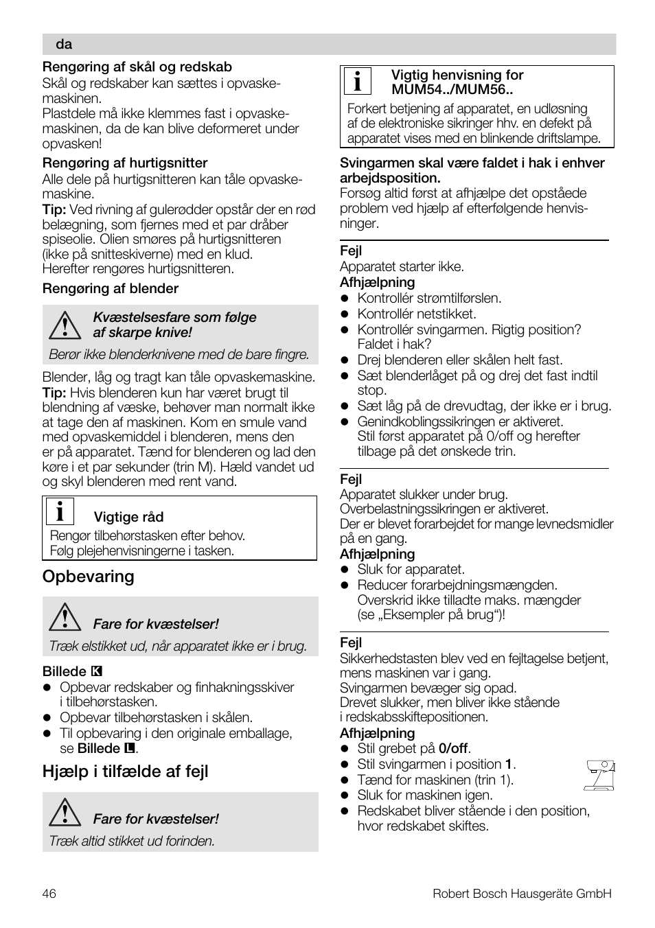 Opbevaring, Hjælp i tilfælde af fejl | Bosch MUM56S40 User Manual | Page 46 / 173