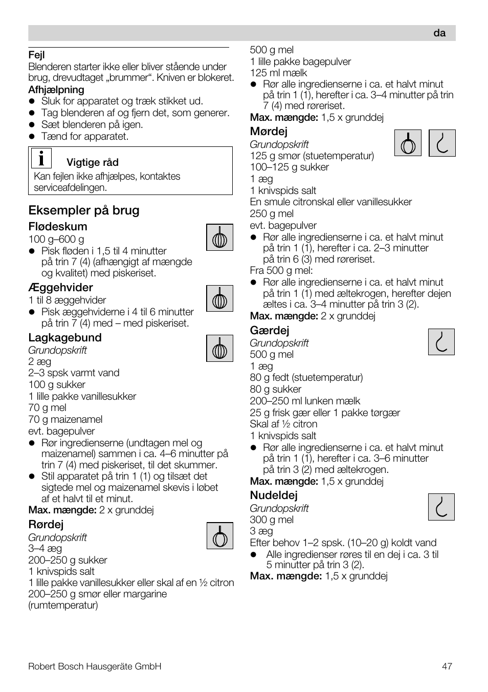Eksempler på brug | Bosch MUM56S40 User Manual | Page 47 / 173
