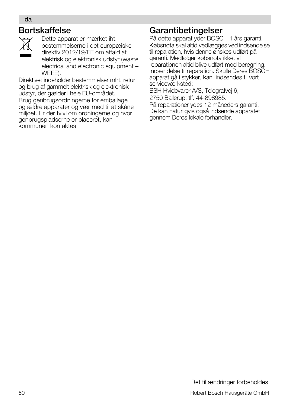 Bortskaffelse, Garantibetingelser | Bosch MUM56S40 User Manual | Page 50 / 173