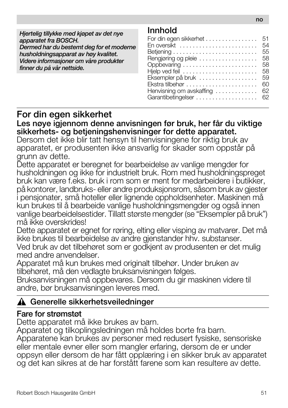 For din egen sikkerhet, Innhold | Bosch MUM56S40 User Manual | Page 51 / 173