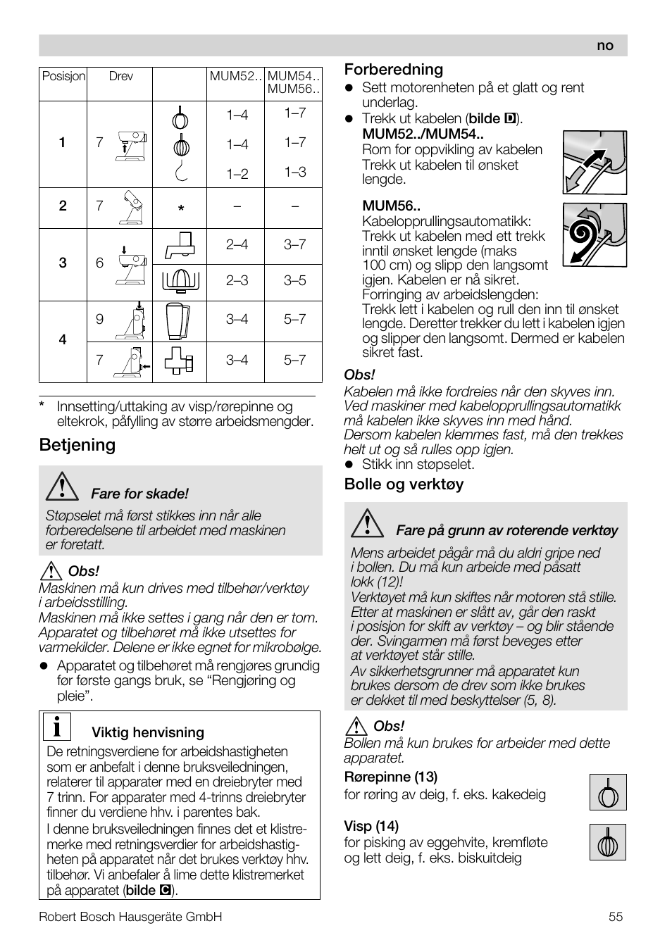 Betjening | Bosch MUM56S40 User Manual | Page 55 / 173