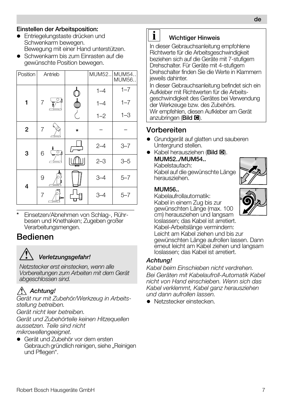 Bedienen, Vorbereiten | Bosch MUM56S40 User Manual | Page 7 / 173