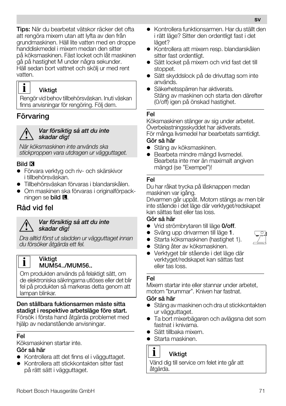 Förvaring, Råd vid fel | Bosch MUM56S40 User Manual | Page 71 / 173