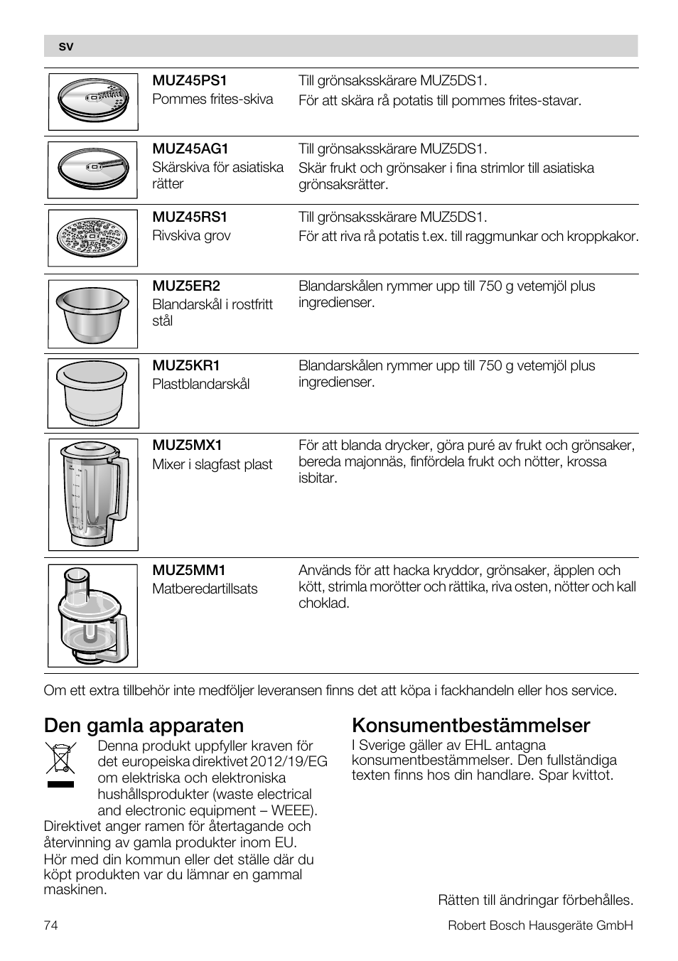 Den gamla apparaten, Konsumentbestämmelser | Bosch MUM56S40 User Manual | Page 74 / 173