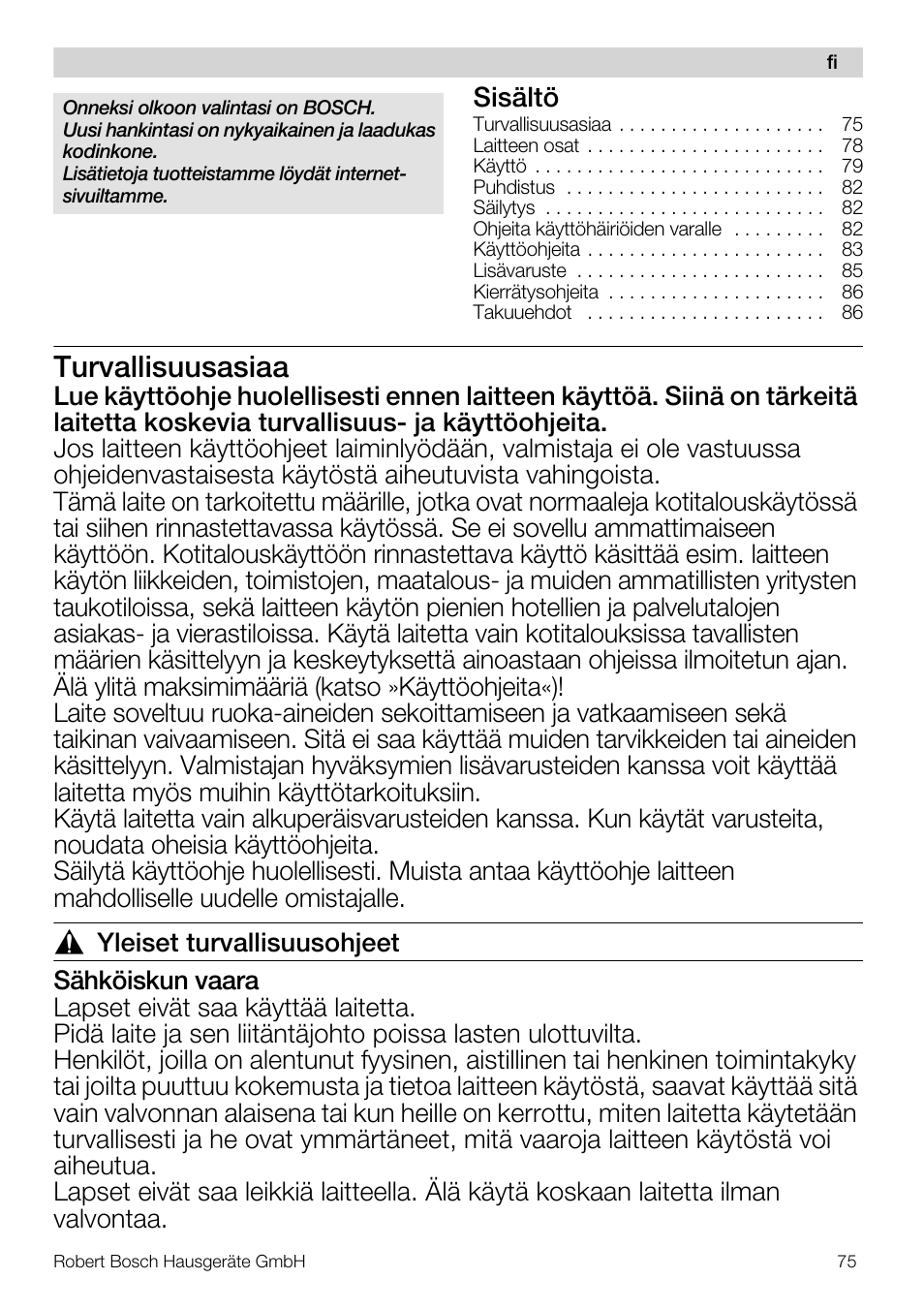 Turvallisuusasiaa, Sisältö | Bosch MUM56S40 User Manual | Page 75 / 173