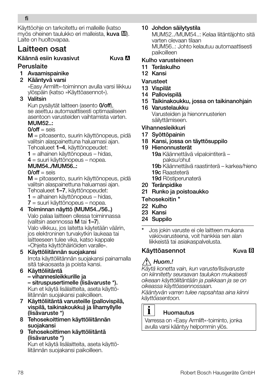 Laitteen osat | Bosch MUM56S40 User Manual | Page 78 / 173