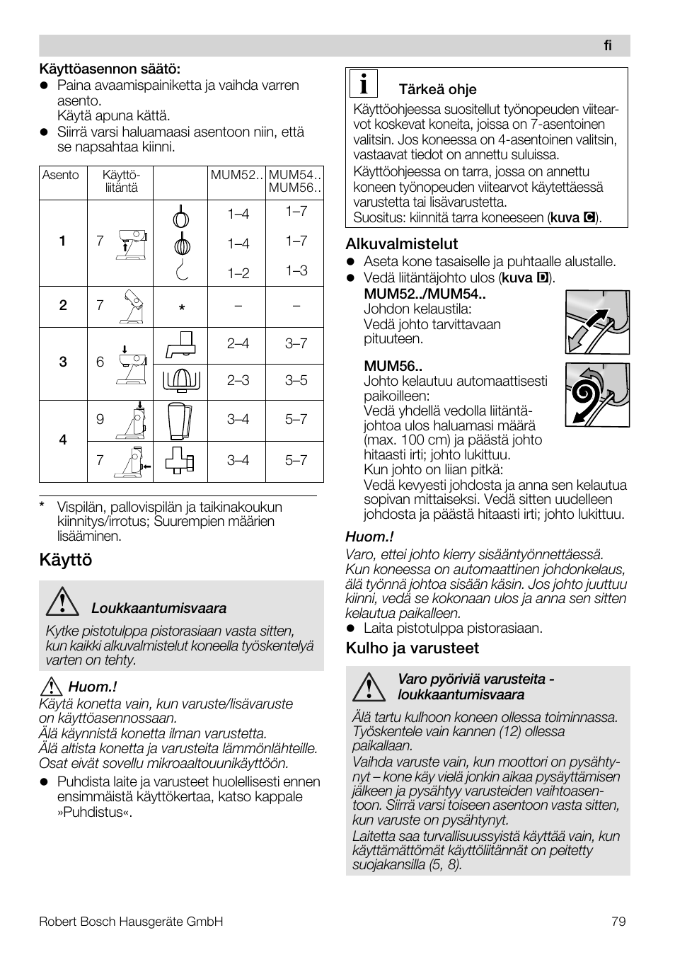 Käyttö | Bosch MUM56S40 User Manual | Page 79 / 173