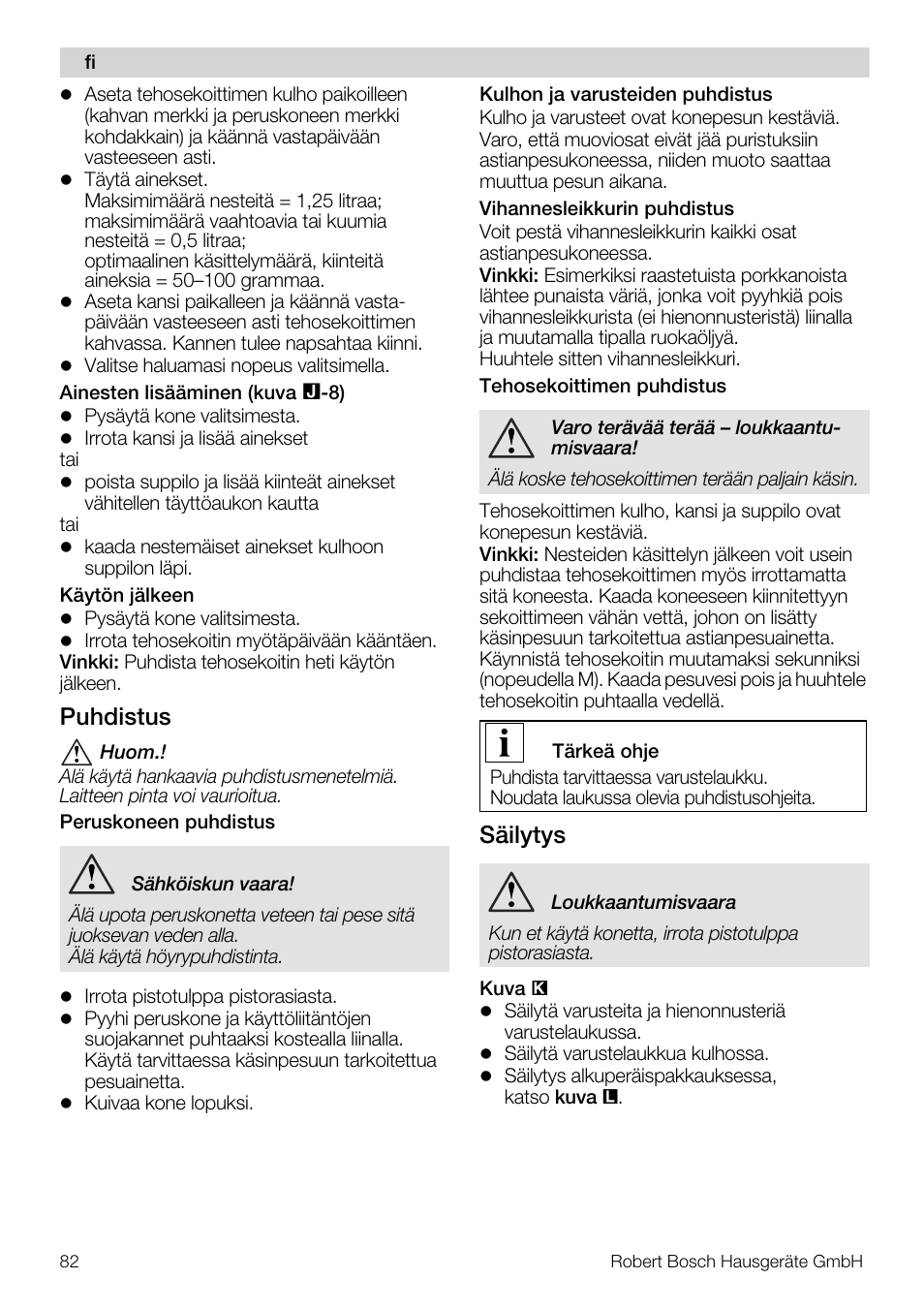 Puhdistus, Säilytys | Bosch MUM56S40 User Manual | Page 82 / 173