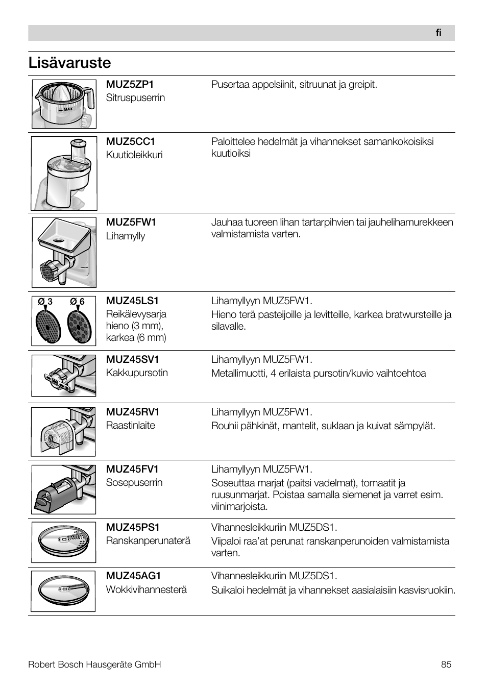 Lisävaruste | Bosch MUM56S40 User Manual | Page 85 / 173