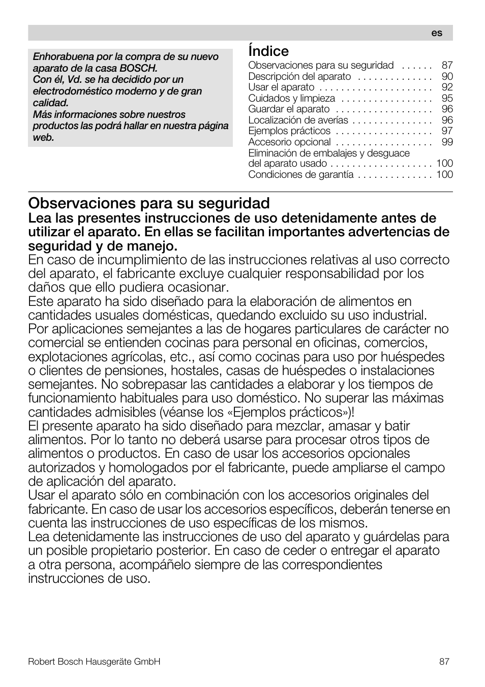 Observaciones para su seguridad, Índice | Bosch MUM56S40 User Manual | Page 87 / 173