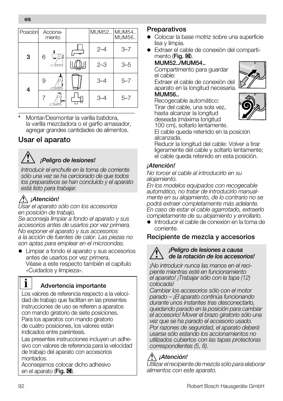 Usar el aparato | Bosch MUM56S40 User Manual | Page 92 / 173