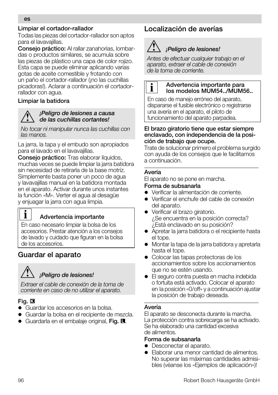 Guardar el aparato, Localización de averías | Bosch MUM56S40 User Manual | Page 96 / 173