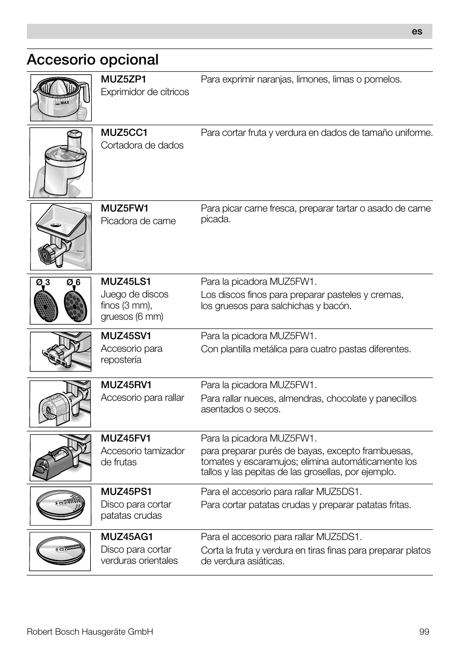 Accesorio opcional | Bosch MUM56S40 User Manual | Page 99 / 173