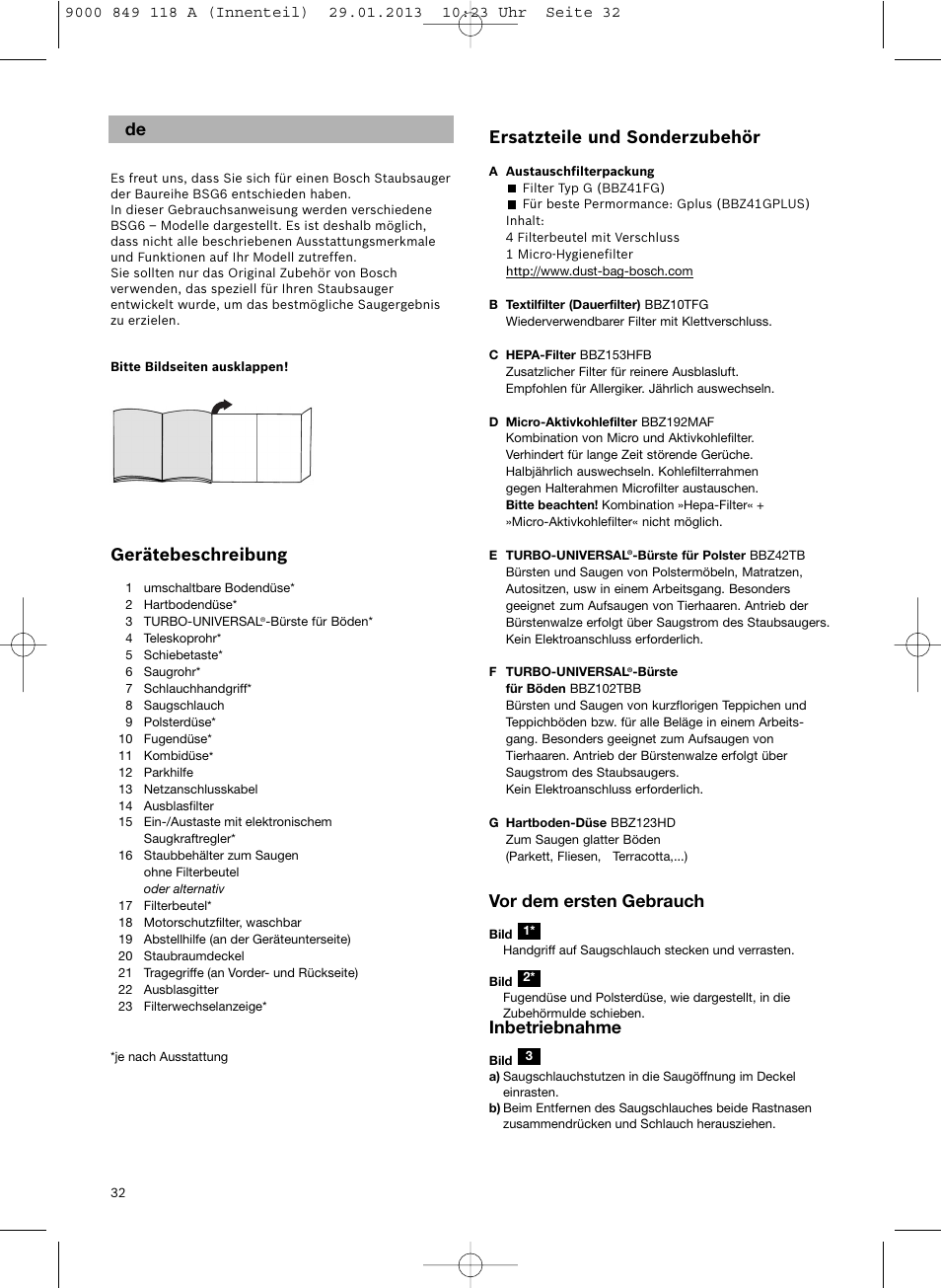 Gerätebeschreibung, Ersatzteile und sonderzubehör, Vor dem ersten gebrauch | Inbetriebnahme | Bosch Logo Series User Manual | Page 33 / 135