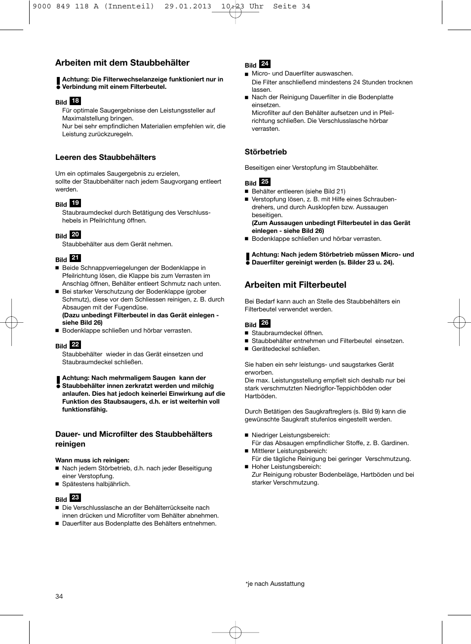 Arbeiten mit dem staubbehälter, Arbeiten mit filterbeutel | Bosch Logo Series User Manual | Page 35 / 135